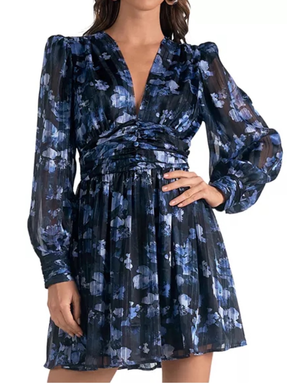 Elan Blue Floral Print Chiffon Mini Dress
